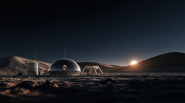 Domed lunar research base sitting on rocky dune lunar landscape during sunrise shows future deep space exploration and planetary colonization concept