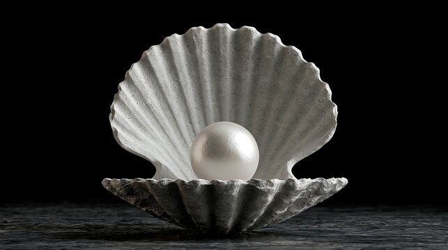 Large round white pearl placed in open textured gray scallop seashell against solid black background symbolizes luxury fine jewelry and precious natural beauty concept