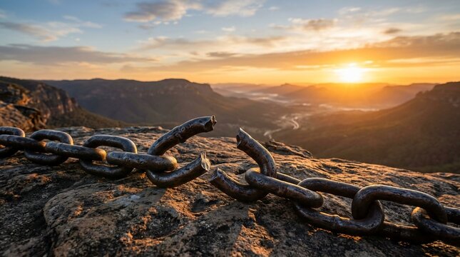 Broken chain on rocky outcrop at sunrise over misty valley landscape