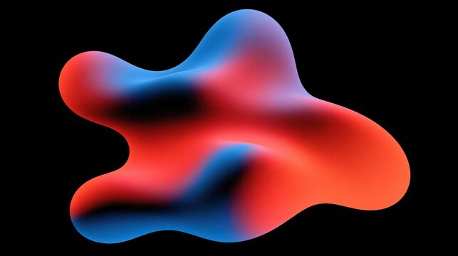 Abstract organic fluid wavy shape with soft grainy red and blue gradient color on solid black background creates modern contemporary 3d graphic design