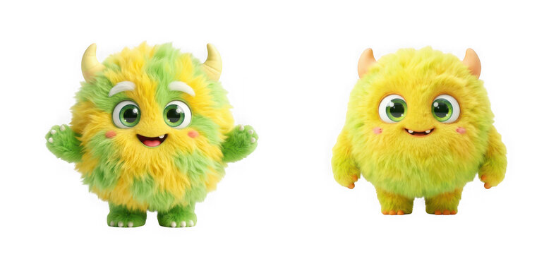 Two cute fluffy monster characters with green and yellow fur isolated on transparent background