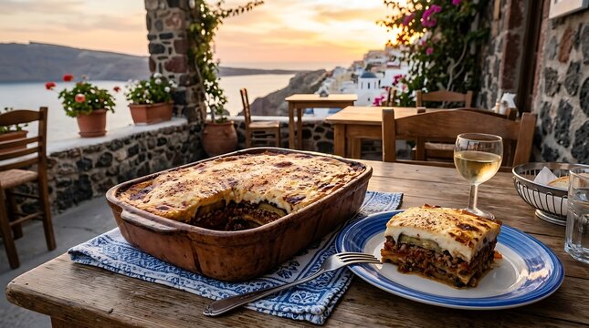 Traditional Greek Moussaka Served at Sunset in Santorini