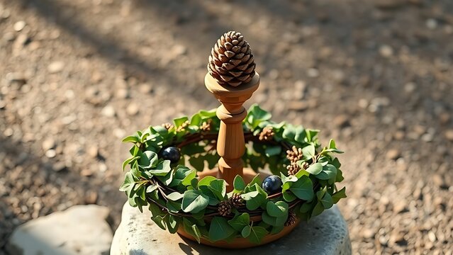 An ivy wreath encircling a thyrsus staff on a stone altar, symbolic of celebration and nature.