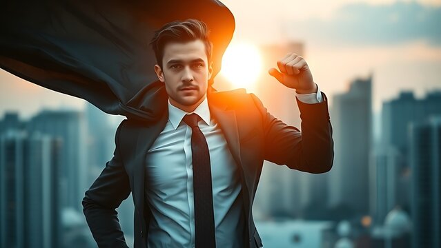 Heroic suited man with flowing cape against city bokeh.