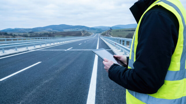 Highway infrastructure inspection tablet road bridge safety vest engineer landscape transport