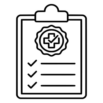Outline vector of a veterinary regulatory compliance checklist with medical certification badge. Suitable for animal hospitals, pet clinics, quality assurance and healthcare documentation.