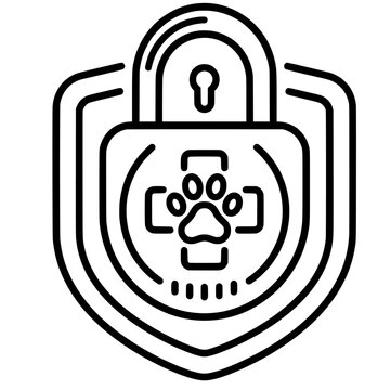 Modern outline vector showing secure veterinary data protection with shield, lock and pet paw. Perfect for cybersecurity, pet records, veterinary software and privacy concepts.

