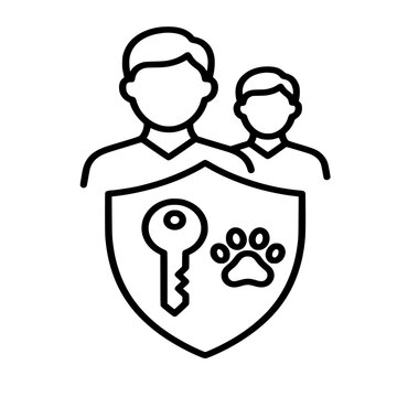 Outline vector illustrating user role permissions for veterinary software with shield and pet paw. Suitable for access control, cybersecurity and healthcare systems.