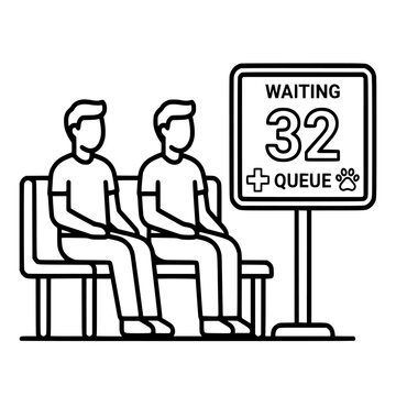 Minimal outline vector showing veterinary waiting room queue with digital display. Ideal for pet hospitals, clinics, customer service and appointment management.
