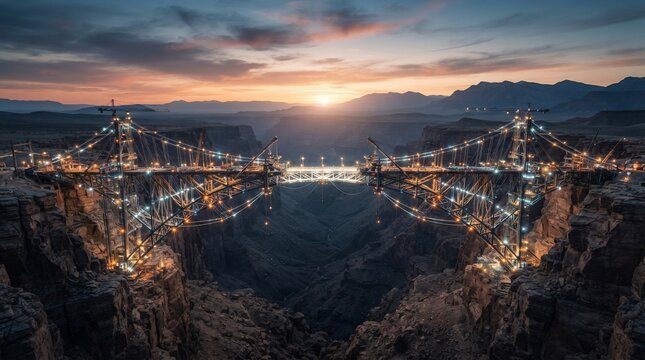 Illuminated suspension bridge spanning canyon at sunset dusk sky