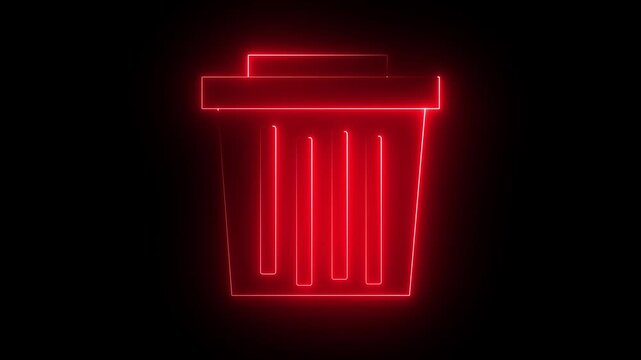 Neon glowing red color delete animation icon trash rubbish remove animated on black background. 4k animation motion graphics video..