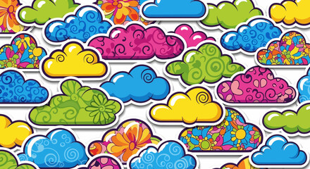 Fototapeta premium Vibrant seamless pattern featuring colorful stylized clouds decorated with intricate floral and swirl designs on a white background