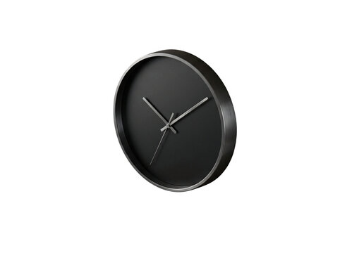 Minimalist black wall clock with metallic frame isolated now.