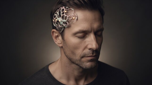 Man with closed eyes experiencing futuristic neural interface technology integrated into his temple area with representing neural connectivity