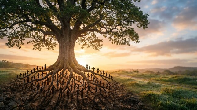 Large ancient tree with roots forming human silhouettes symbolizing connection and community