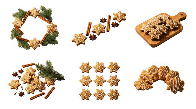 Collection of christmas gingerbread star cookies with cinnamon and pine branches isolated on transparent background