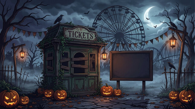 Abandoned Amusement Park Ticket Booth with Blank Signboard Halloween Set