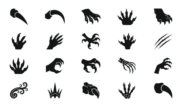 Set of monster claws and sharp talons silhouettes isolated on transparent background
