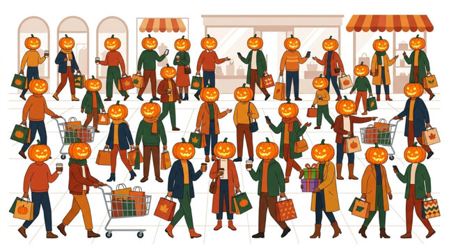 Crowd of People with Pumpkin Heads Shopping at Autumn Mall Vector Illustration