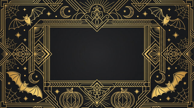 Art Deco Halloween Gold Frame with Flying Bats Moon and Pumpkins Vector