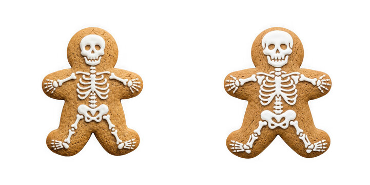 Two gingerbread cookies decorated with white icing skeletons isolated on transparent background