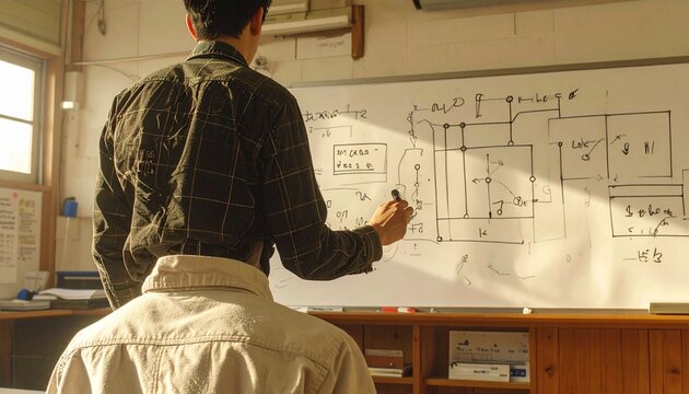 Teacher Explaining Math and Science on Classroom Whiteboard