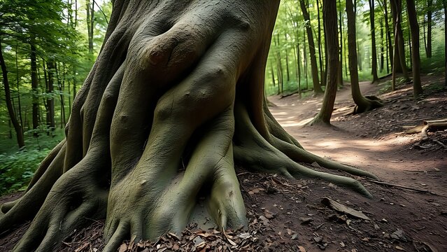 Gnarled tree root protruding from a forest path.