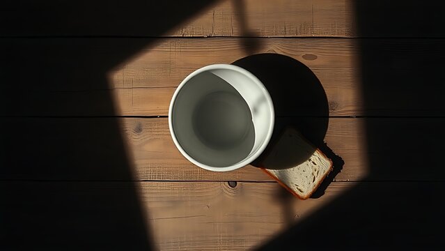 An empty bowl and a single thin bread slice on an old wooden table with long shadows.