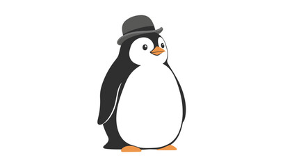 Obraz premium Adorable cartoon penguin character wearing a stylish grey bowler hat standing cheerfully on a clean white background.