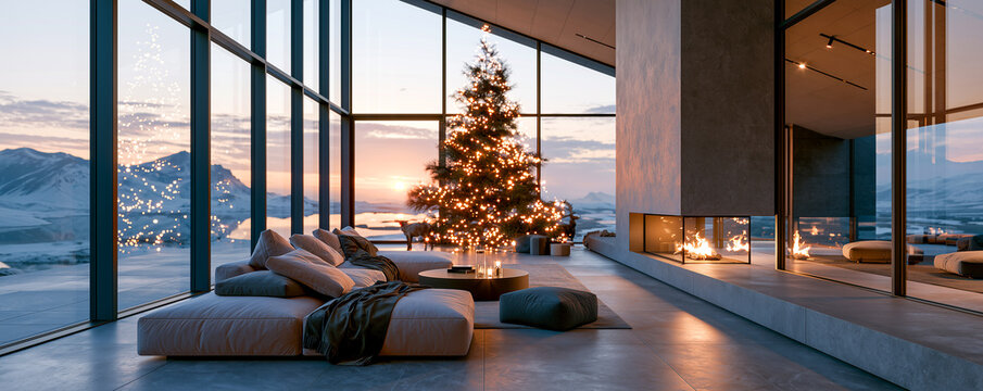Cozy chalet living room with Christmas tree overlooking snowy mountains at sunset