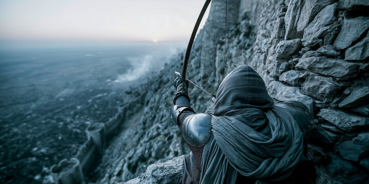 A medieval soldier from behind standing on castle wall looking at battlefield