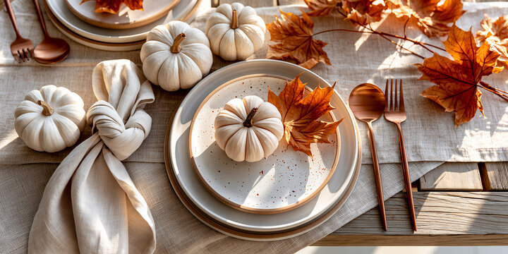 Elegant autumn table setting with white pumpkins and dry maple leaves