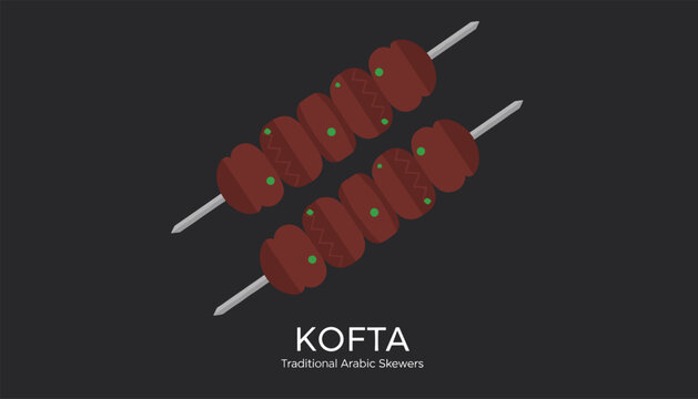 Traditional Arabic skewers of grilled kofta kebab decorated with green herbs against a dark gray background.