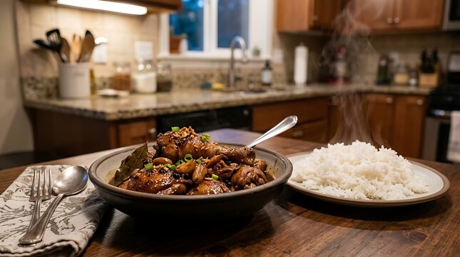 Filipino Chicken Adobo with Steaming White Rice