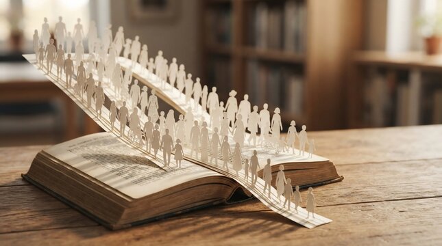 Paper cutout people ascend stairs from open book symbolizing knowledge and progress