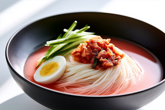 Cold Korean kimchi mari guksu noodle soup with cucumber and egg
