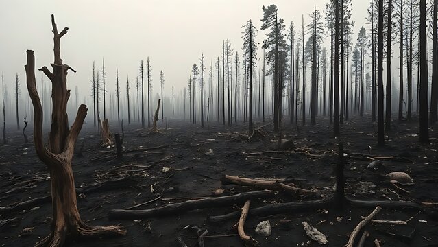 A forest landscape burned by wildfire with a single charred tree.