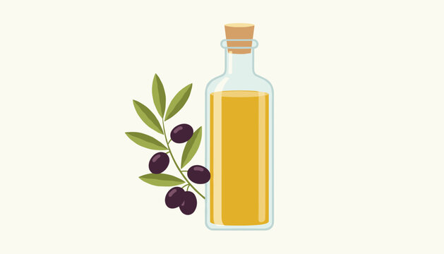 Glass bottle of yellow olive oil accompanied by a leafy branch bearing dark black olives on a cream background.