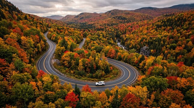 SUV driving on winding autumn road. Car traveling through colorful fall forest landscape.