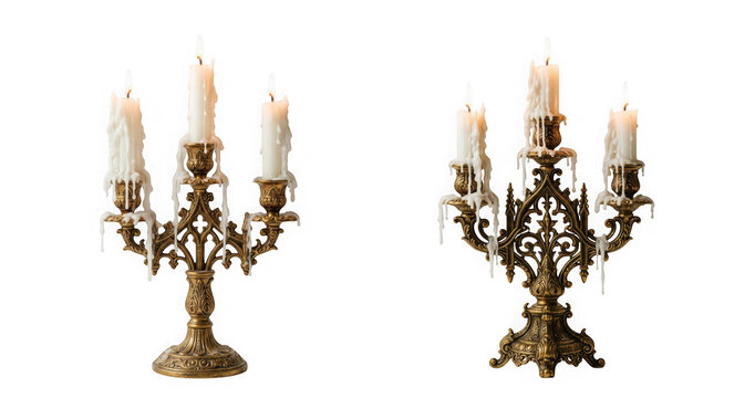 Two ornate vintage gold candelabras with melting white candles isolated on transparent background