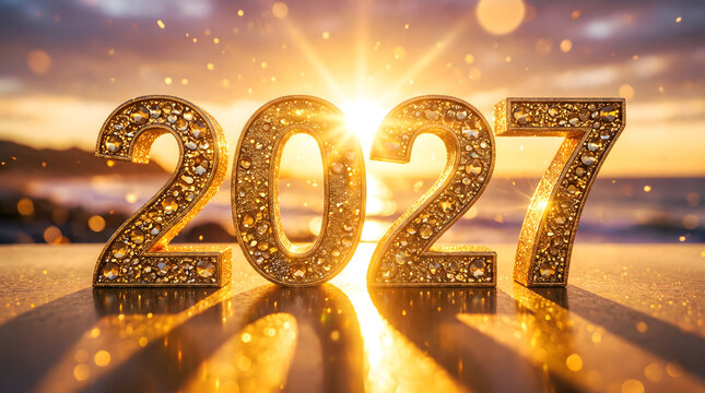 Jewel Studded Golden 2027 Numbers on Beach with Sunset Bokeh