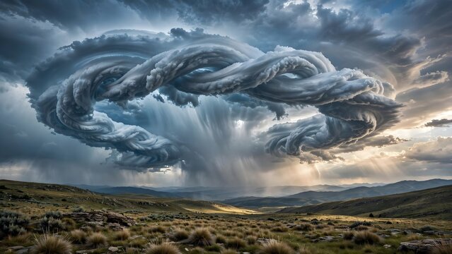Supercell storm with a swirling cloud formation. Dramatic tornado vortex over rural landscape.