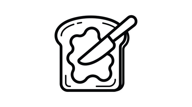 Detailed vector bread slice icon with butter knife illustration featuring bold black outlines on a clean plain white background