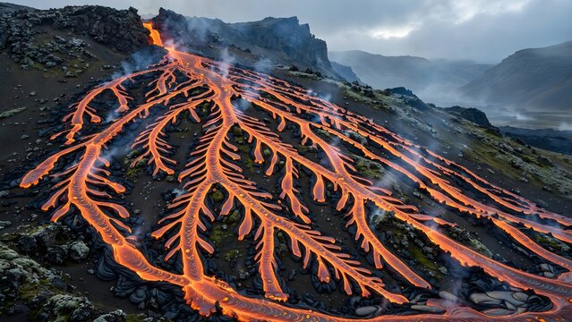 Active volcanic lava flow on mountain slope. Molten magma streaming down rocky terrain.