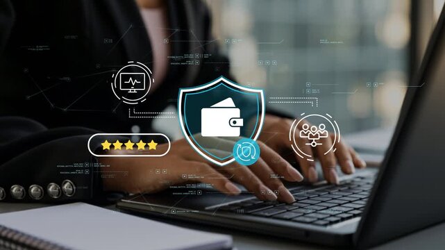 Digital banking and financial security strategy supporting protected transactions, wallet technology and businesswoman overseeing financial operations