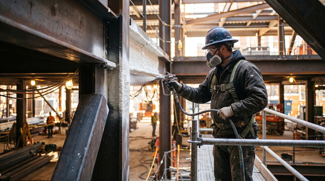 Construction worker applying intumescent fire protection coating to steel beam