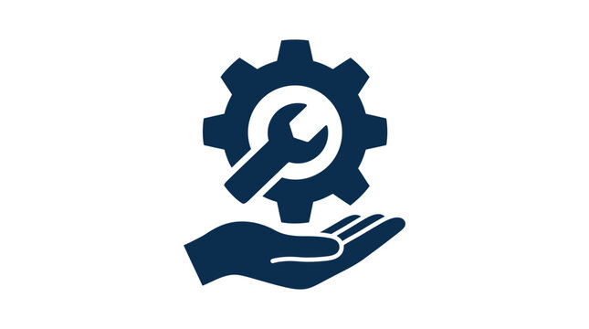 Dark blue mechanical gear icon with a wrench held by hand for technical support services
