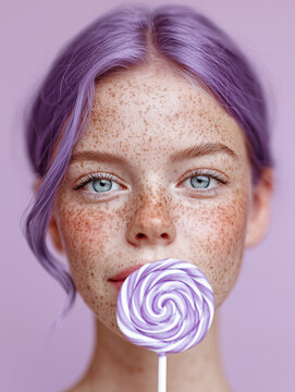 Studio portrait of a young freckled woman with purple dyed hair holding a purple swirl lollipop in front of her lips.