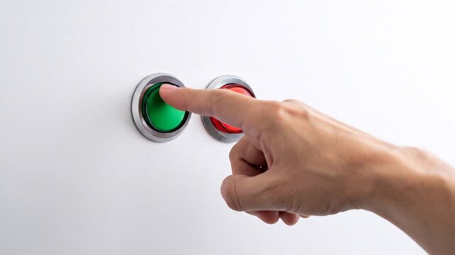 Mano de hombre pulsando con dedo &iacute;ndice un bot&oacute;n verde y otro rojo. Concepto de elecci&oacute;n minimalista