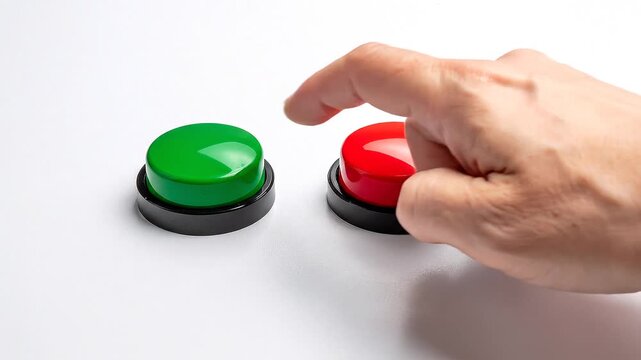 Mano de hombre pulsando con dedo &iacute;ndice un bot&oacute;n verde y otro rojo. Concepto de elecci&oacute;n minimalista